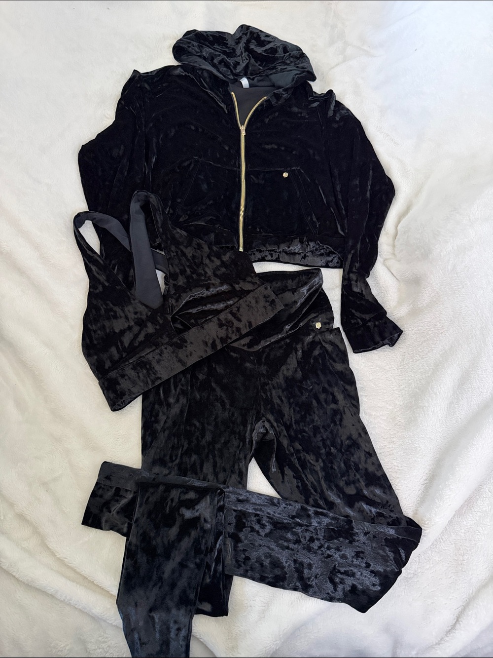 Fabletics Black Velvet Leggings & Hoodie Set with Gold Zipper
